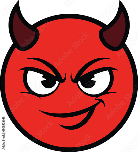Evil devil face emoji icon cartoon character with horns and smirk expression