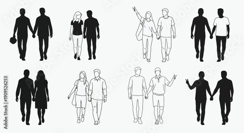 Collection of Diverse Couples Walking Together Silhouettes and Line Art.