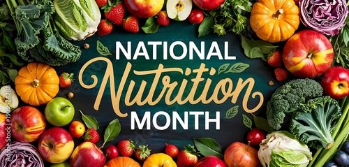Healthy colorful variety of fresh fruits and vegetables arranged beautifully for national nutrition month celebration and promoting healthy eating lifestyle for all people