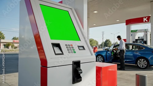 Gas station payment terminal with car refueling on a sunny day