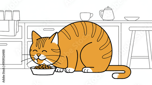 A simple cartoon illustration of an orange tabby cat eating from a white bowl on a light-colored surface
