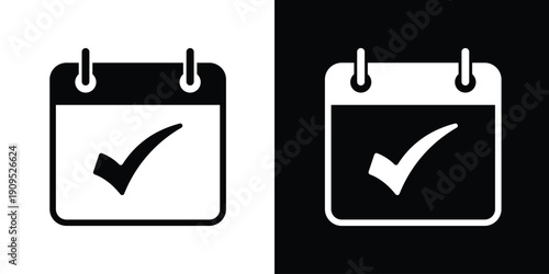 Calendar icon with a checkmark symbol, signifying completed tasks, confirmed appointments, or successful scheduling. Bold black and white vector for productivity apps.