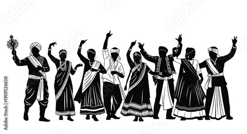 Silhouettes of Diverse People in Traditional Indian Attire Dancing.