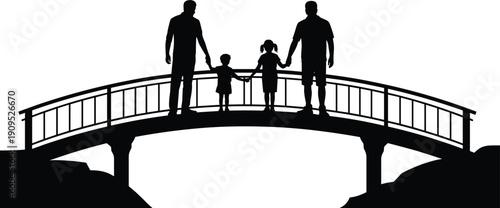 Silhouette of a family of four walking across a bridge holding hands Keywords: family, silhouette, bridge, walking, holding