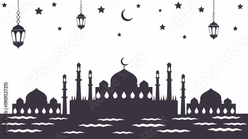 Serene mosque silhouette under starry night sky with hanging lanterns