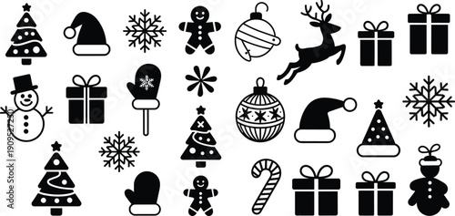 Christmas Holiday Icons Silhouette Collection Festive Winter Symbols Keywords: christmas tree, santa hat, snowflake, gingerbread