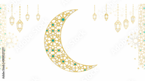 Elegant crescent moon design with hanging lanterns for Ramadan