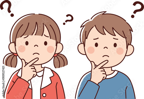 Two children, a boy and a girl, thinking with question marks above their heads, confused expression, hand on chin