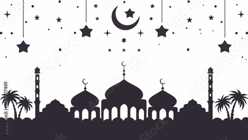 Serene mosque silhouette under starry night sky with crescent moon