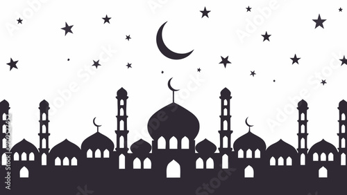 Elegant mosque silhouette with crescent moon and stars