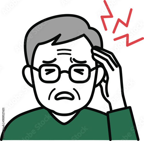 Elderly man suffering from a headache or migraine, holding his temple with a pained expression, illustration