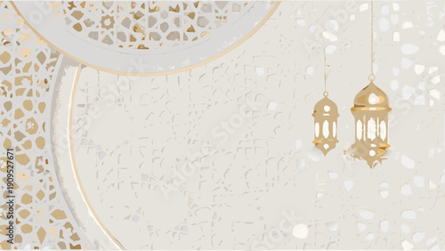 Elegant gold lanterns hanging in ornate Middle Eastern archway