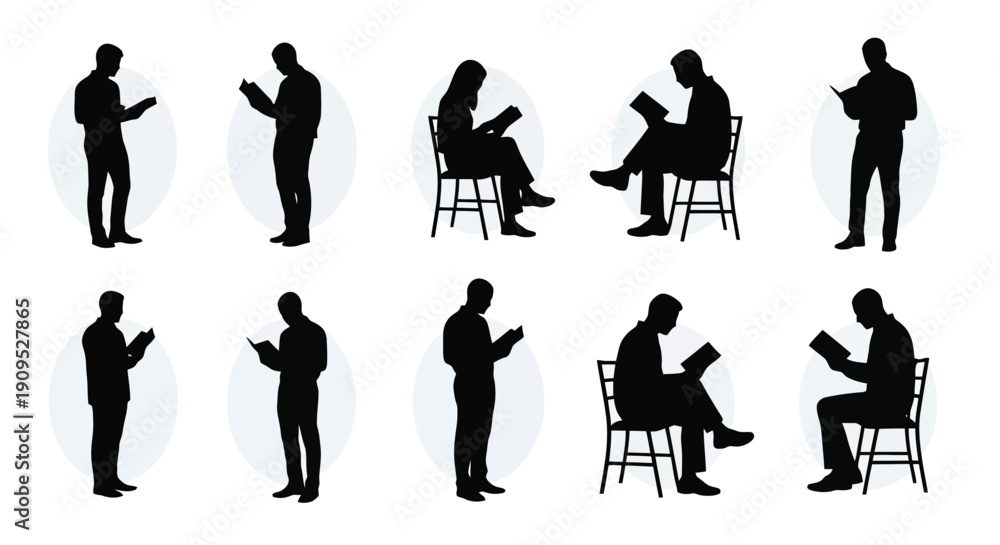 Obraz premium Silhouettes of people reading books and devices in various poses.