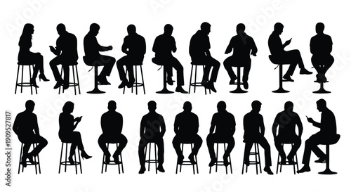 Silhouettes of people sitting on bar stools.