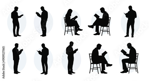 Silhouettes of people reading books and devices in various poses.