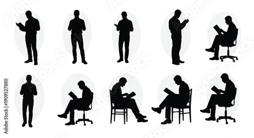 Silhouettes of people reading books in various poses.