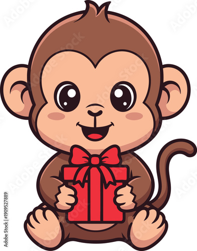 Cute baby monkey cartoon character holding a red gift box with a bow