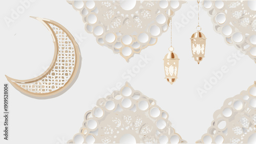 Elegant crescent moon and lanterns for Ramadan decoration