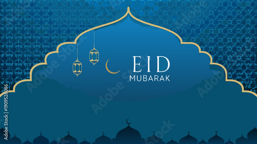 Eid Mubarak celebration with mosque architecture and lanterns
