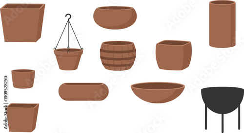 Terracotta garden pot and planter set with hanging baskets wooden barrels and modern ceramic containers