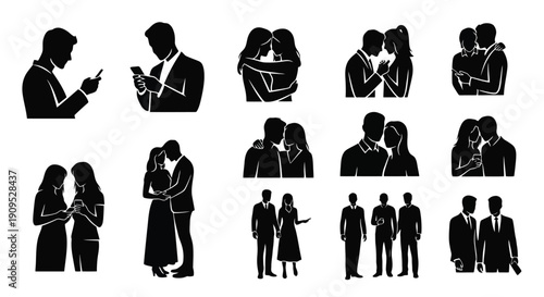 Collection of Silhouettes Representing Couples and Individuals in Various Poses.