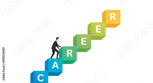 Man climbing colorful blocks forming the word CAREER in a staircase pattern