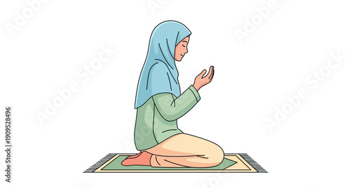 A woman kneeling in prayer on a patterned mat, wearing a hijab and modest clothing, from a side viewpoint.