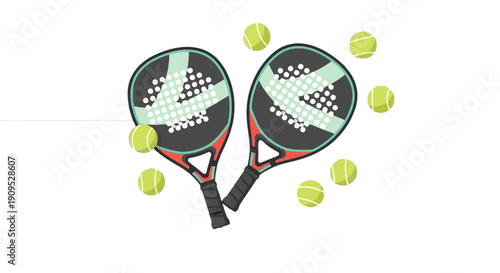Padel rackets and balls in mid-air, surrounded by flying padel balls, on a white background from a direct overhead view