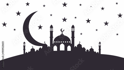 Elegant mosque silhouette with crescent moon and stars