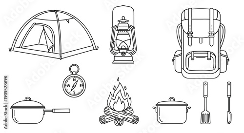 Camping Essentials Line Icons Set with Backpack, Tent, and Cooking Utensils
