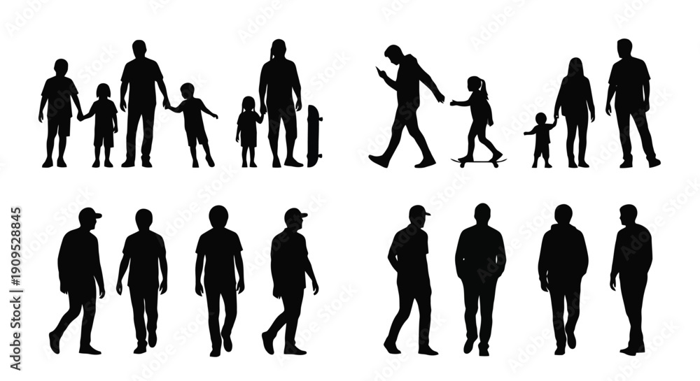 Fototapeta premium Silhouettes of People in Various Poses and Activities.