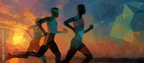 Abstract human figures jogging at sunrise in layered polygon forms