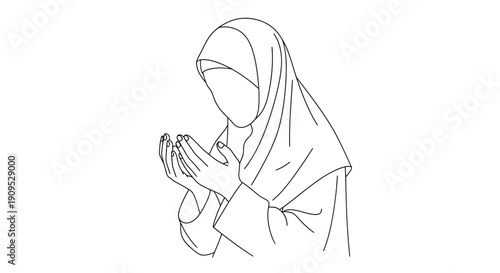 Woman praying with hands together in contemplation, a serene and peaceful moment captured in a simple line drawing