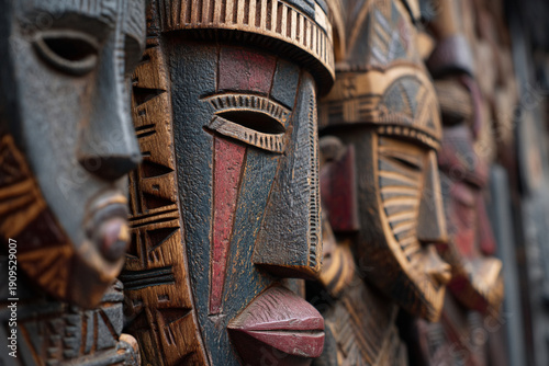 A close-up of traditional Fang wood carvings, intricately detailed masks and figures, emphasizing rich artistic heritage and spiritual significance.