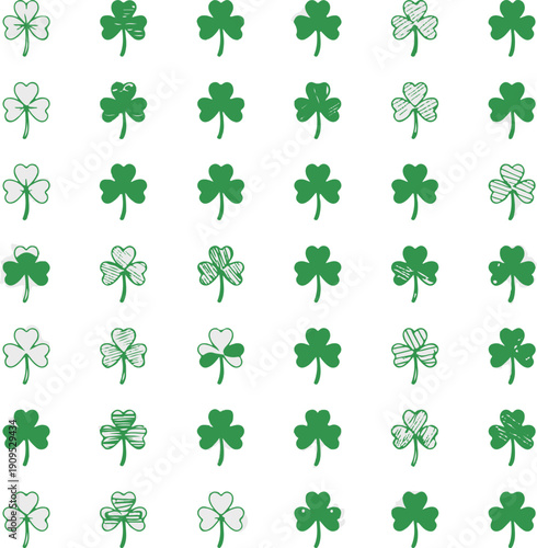 A diverse set of green clover leaves and lucky four-leaf shamrocks, ideal for St. Patrick's Day designs, good fortune motifs, spring decoration, and nature themes, symbolizing luck
