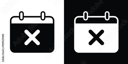 Minimalist calendar icon with a large X mark, representing canceled events, rejected dates, or unavailable slots. Bold black and white vector design for scheduling applications.
