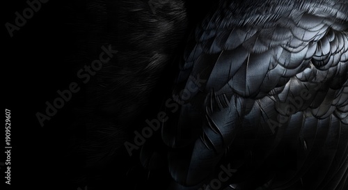 Detailed close up of glossy iridescent black raven feathers creating a dramatic dark texture background ideal for luxury and nature themes