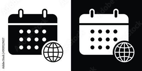 Calendar icon featuring a globe symbol, ideal for international events, global scheduling, time zones, or world travel planning. Professional black and white flat vector graphic.