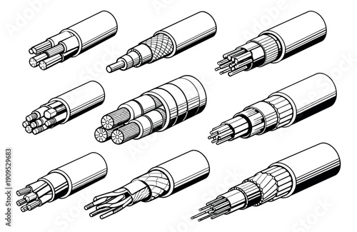 Line art electric cables set featuring various internal structures for electrical engineering and technology diagrams