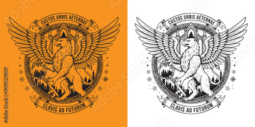 Mythical Griffin Holding Skeleton Key Over City Skyline with Latin Motto Clavis Ad Futurum