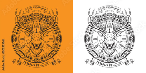 Majestic Stag with Clockwork Antlers and Roman Numeral Dial Tempus Percuro