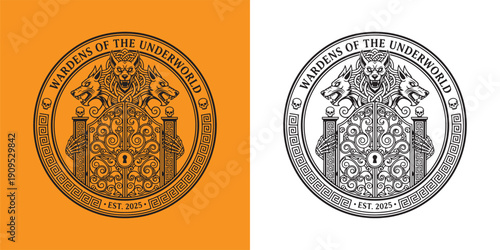 Cerberus Three Headed Dog Guarding Underworld Gates with Greek Key Border