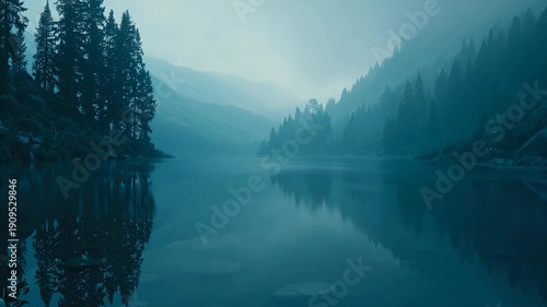 Misty mountain lake with pine trees and stepping stones at dawn