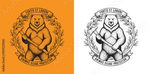 Grizzly Bear Holding Woodcutter Axe with Laurel Wreath and Latin Motto Animus Silvae Protector