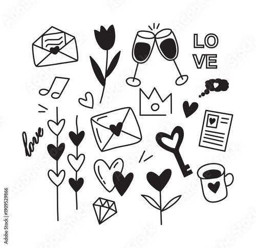 Love-themed doodle set with simple icons, including hearts, letters, and flowers. Vector illustration.