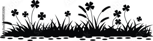 Black Silhouette of Clover Flowers Grass and Wheat Stalks on White Background shamrock four leaf clover