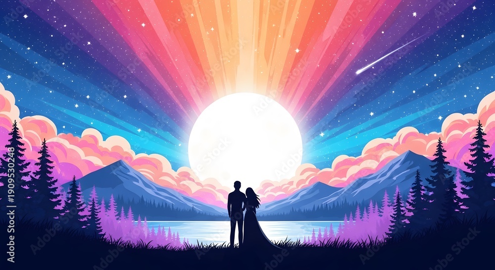 Fototapeta premium Silhouetted couple admiring vibrant sunset over serene lake and mountains