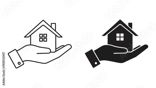 Two hands holding a house icon representing home ownership and real estate. isolated on white background, Vector
