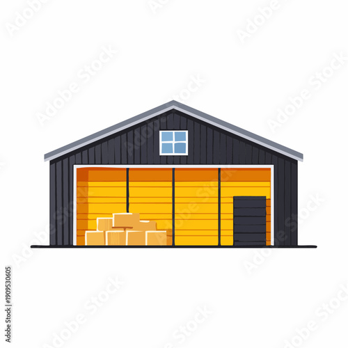 Modern flat design illustration of a warehouse building featuring an open yellow roller door, revealing stacked boxes inside, symbolizing industrial storage and logistics operations