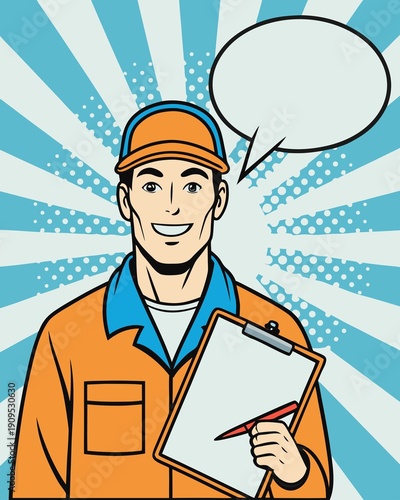 A cartoon man in an orange uniform holding a clipboard